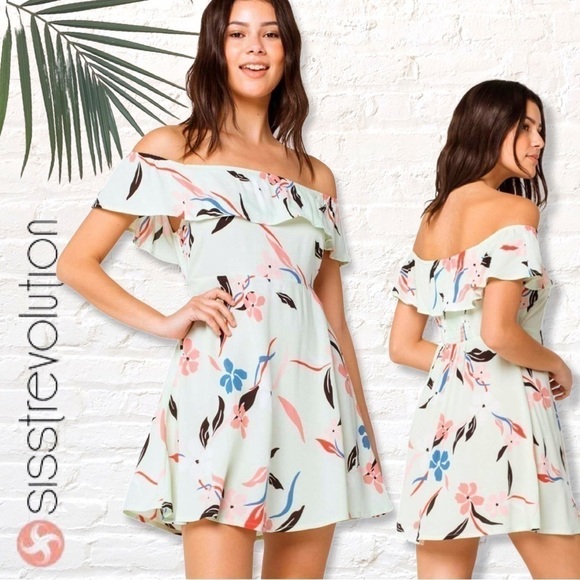 SISSTREVOLUTION Tidal Energy Mini Dress Size Small Light Green Off The Shoulder - Picture 1 of 10